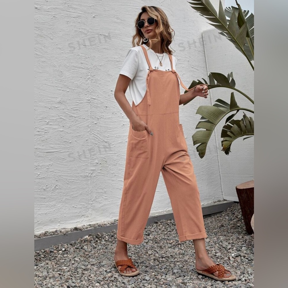 SHEIN Peach Casual Wide-Leg Cotton Blend Overall Jumpsuit